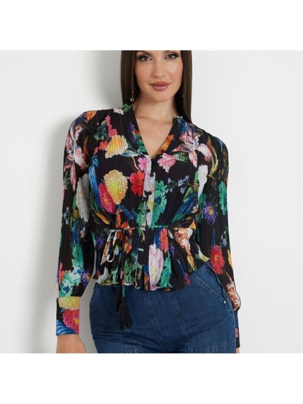NWT Guess Lisette Printed Long-Sleeve Tie-Front Top M